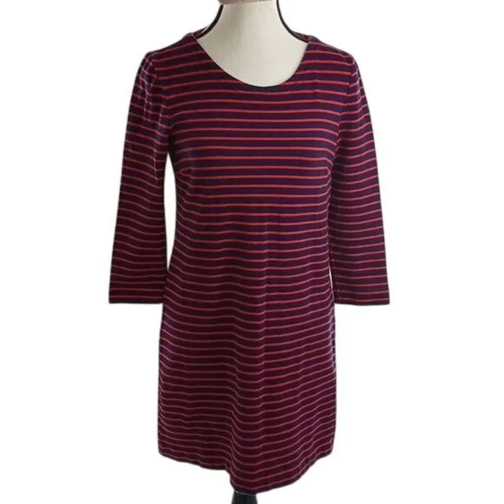 J Crew Womens Size XS Dress Red Navy Striped 3/4 Sleeve Casual Shift Cotton